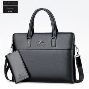 Black Leather Briefcase Men Business Laptop Bag with Zipper Lock