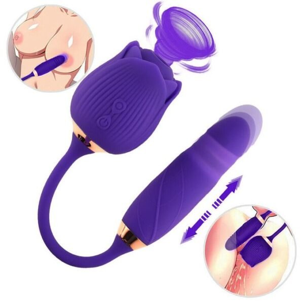 Rose Oral Clit Licking G-Spot Vibrator Dildo Sex Toys for Women Clitoris Stimulator Nipple Sucker Rose Vibrator With Dildo Thrusting Vibrator Rose Sex Toys Licking Nipple Breast Couple Erotic Sex Toy Waterproof 2 in 1 Rechargeable Handheld Massager - Image 2