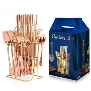 24 Pcs GOLD Plated Stainless Steel Spoon & Fork SET & RACK Stainless Steel Cutlery Set Knife Fork And Spoon Household Storage Rack