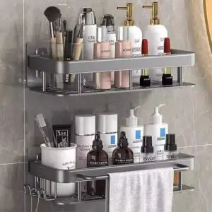2 layers Bathroom Rack Shelf With Towel Hanger - No Drill Wall Mounted Corner Rack - Toilet Storage Rack Anti - Rust Aluminum Bathroom