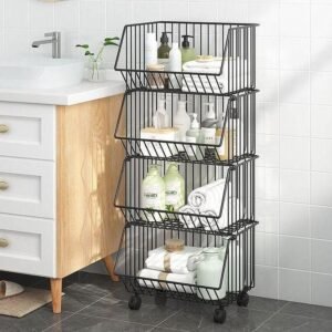 Multifunctinal Moveable 4-Layers Storage Shelf Rack, Anti-rust Metal Wire Storage Basket with Wheels, Kitchen Counter Fruit Vegetables Rack Bowl Metal Storage Holder - Kitchen Storage & Bathroom Storage Shelves Rack, Kitchen Vegetable Fruit Basket Trolley