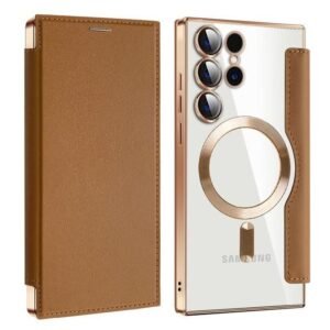 Samsung Case For Samsung Galaxy S24 Ultra Magsafe Slim Fit Flip Protective PU Leather Wallet Case Transparent Case With Card Slots RFID Anti-Theft Case Cover