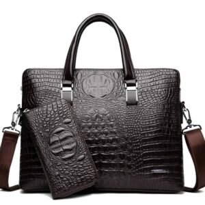 Crocodile Leather Business Briefcase – Men’s Office Bag with Mini Wallet - Brown